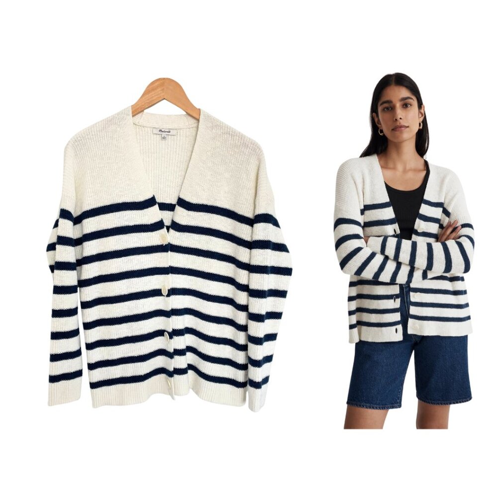 Madewell Cardigan Sweater Women Small Cream Blue V-Neck Button Front Long NL202